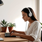 **

"A clean and organized workspace bathed in natural light. A woman is sitting at the desk, focused on her laptop with a todo list and a Pomodoro timer visible. She is wearing headphones and has a calm, concentrated expression. Include elements like a plant and a minimalist desk setup."

**